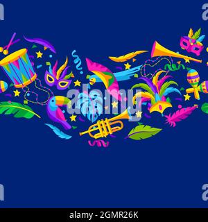 Carnival party seamless pattern with celebration icons, objects and decor. Mardi Gras background for traditional holiday. Stock Vector