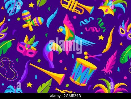 Carnival party seamless pattern with celebration icons, objects and decor. Mardi Gras background for traditional holiday. Stock Vector