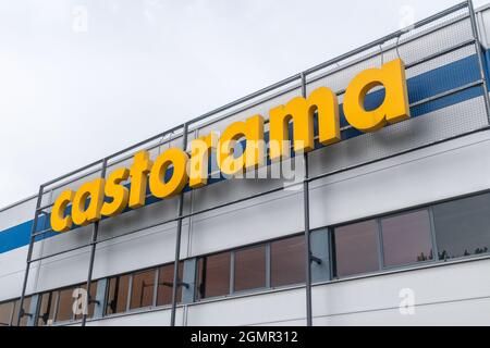 Zielona Gora, Poland - June 1, 2021: Castorama store sign hanging on a building in Zielona Gora. Stock Photo