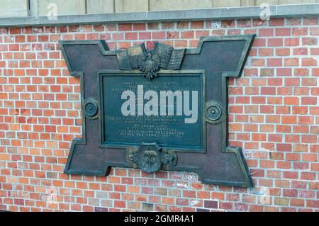 Czestochowa, Poland - June 6, 2021: Plaque dedicated to holy trinity bastion to be called also the chicago polish americans bastion. Stock Photo