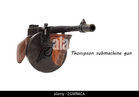 Full scale model of a Thompson submachine gun isolated on white with sample text. Stock Photo