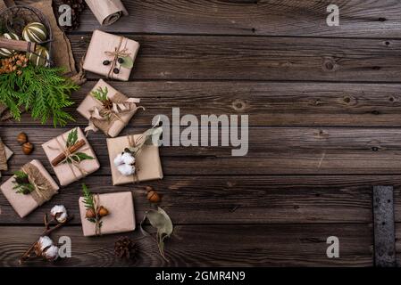 Christmas gift boxes in craft paper Stock Photo