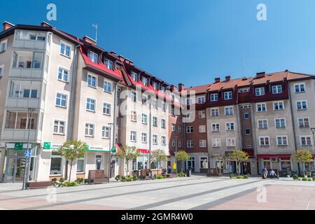 Szczecinek, Poland - May 31, 2021: Buildings on marketplace. Stock Photo