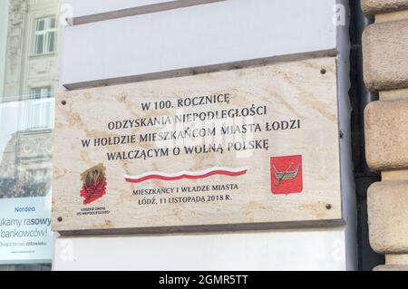 Lodz, Poland - June 7, 2021: Plaque commemorating the 100th anniversary of Poland regaining independence. Stock Photo