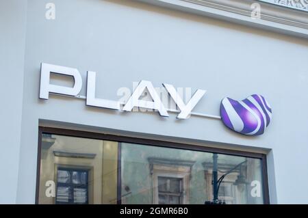 Lodz, Poland - June 7, 2021: Logo of Polish cellular network Play. Stock Photo
