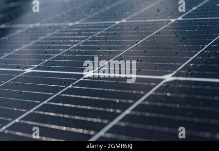 Solar panels blue background, texture. Close-up of dark blue solar panel with water drops. Stock Photo