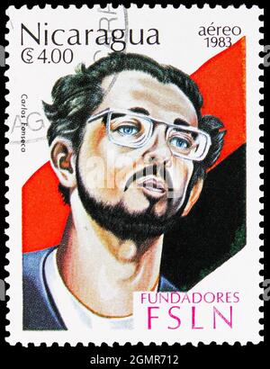 MOSCOW, RUSSIA - JULY 31, 2021: Postage stamp printed in Nicaragua shows Portrait of Carlos Fonseca, Founders of the FSLN serie, circa 1983 Stock Photo