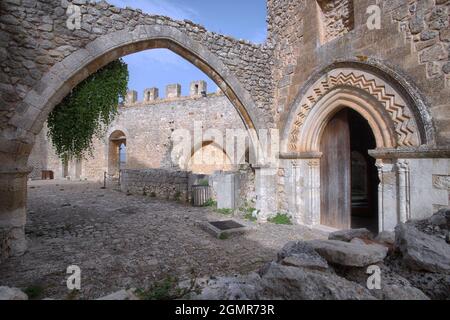 medieval castle in Sicily inner courtyard with decorated arches of ancient fort in Mussomeli town (Caltanissetta) Stock Photo