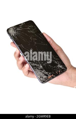 broken screen smartphone in hand isolated on white background with clipping path, shattered screen smartphone Stock Photo