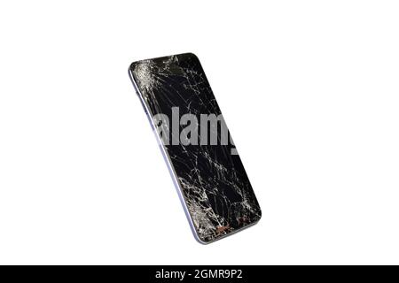 Broken Screen Smartphone Isolated on White Background with Clipping Path Stock Photo