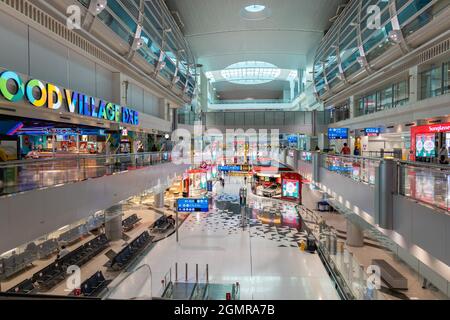 Dubai, UAE - September 2021: Dubai International Airport architecture and interior in Dubai, United Arab Emirates. Stock Photo