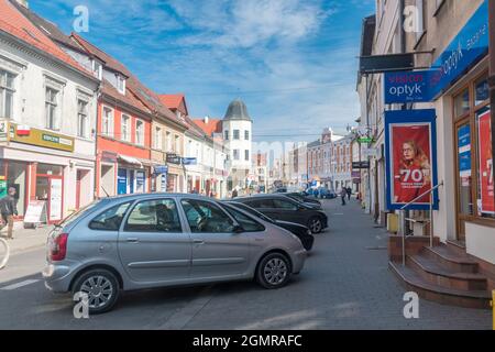 Swiebodzin, Poland - June 1, 2021: Street with parked cars in city center of Swiebodzin. Stock Photo