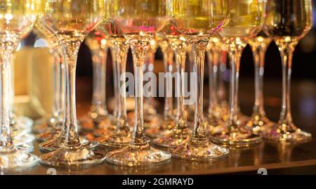 wine glasses on color background.Round color patches of light Stock Photo