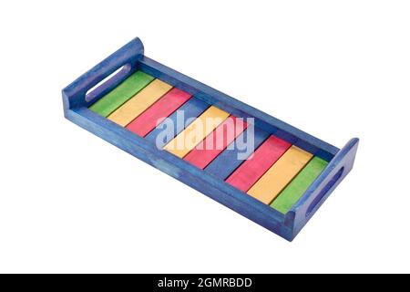 wooden serving tray isolated on white background, colorful serving tray Stock Photo