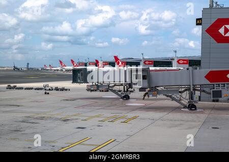 Istanbul, Turkey - September 2021: Turkish Airlines aircrafts towed on runway of Istanbul Airport in Turkey. Stock Photo