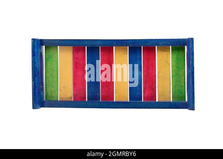Top view of colorful wooden tray isolated on white background, beech wood product Stock Photo