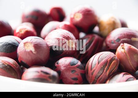 closeup of nutmeg in a bowl, penang malaysia Stock Photo