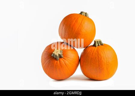 Pumpkin on a white background. Isolated halloween pumpkin isolate on white to insert into your project or design. Three orange pumpkins stacked in a Stock Photo