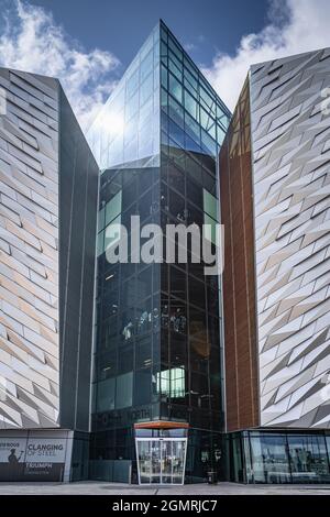 Belfast, UK, Aug 2019 Closeup on rear entrance to the Titanic Museum, located in the citys Titanic Quarter where the RMS Titanic was built Stock Photo