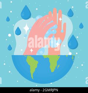 hands on world with drops on blue background Stock Vector