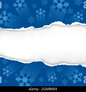 Blue christmas background with torn paper. Illustration of backdrop with stylized snowflakes. Banner template. Vector available. Stock Vector