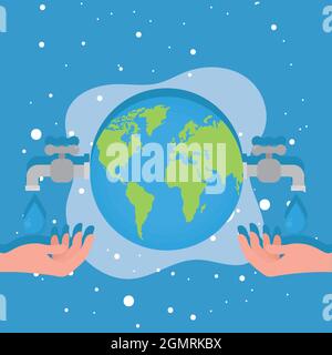 world with water taps and hands on blue background Stock Vector