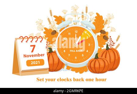 Daylight saving time, 2021 concept. Alarm clock and calendar with the date of November 7 on the autumn leaves and pumpkins background. The reminder te Stock Vector