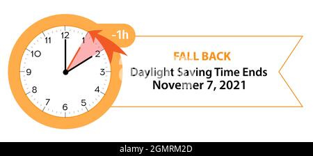 Daylight Saving Time Ends November 7, 2021 Web Banner Reminder. Vector illustration with clocks turning to an hour back Stock Vector