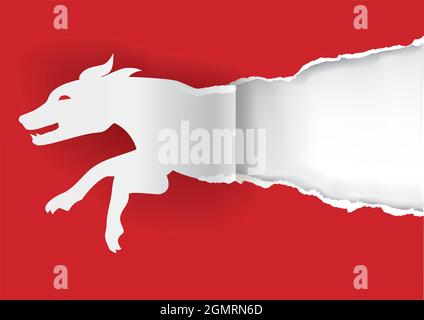 Paper dog ripping paper. Illustration of stylized dog paper silhouette on red paper background. Vector available. Stock Vector