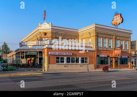 CODY, WY - AUG 2021 : The exterior of Buffalo Bill's Irma Hotel, a historically preserved inn named after the famed showman's daughter. Stock Photo