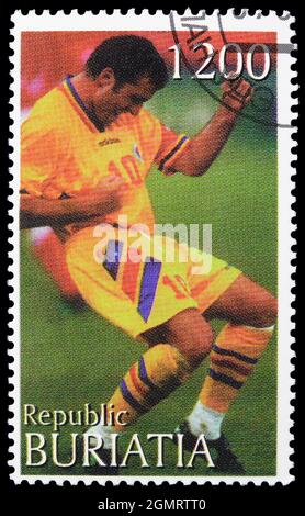 MOSCOW, RUSSIA - NOVEMBER 6, 2019: Postage stamp printed in Cinderellas shows Football, Buriatia Russia serie, circa 1997