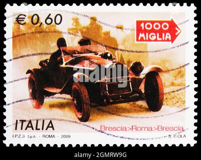 MOSCOW, RUSSIA - NOVEMBER 6, 2019: Postage stamp printed in Italy shows Car Race 'Mille Miglia', serie, 0.60 - Euro, circa 2009 Stock Photo