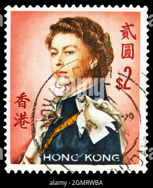 MOSCOW, RUSSIA - NOVEMBER 6, 2019: Postage stamp printed in Hong Kong shows Queen Elisabeth II, 1962-1972 serie, circa 1971