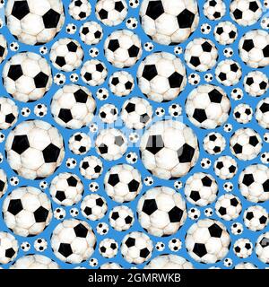 Watercolor illustration of a soccer ball pattern. Sports symbol. Seamless repeating print of the World Cup. Isolated on a blue background. Drawn by ha Stock Photo