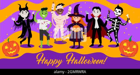 Happy Halloween greetings card with diverse cute and funny characters in costumes. Kids in halloween outfit dancing together. Vector illustration gree Stock Vector