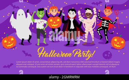 Group of cute kids dressed up in festive halloween costumes and dancing on halloween party poster. Diverse cute and funny characters in costumes. Vect Stock Vector