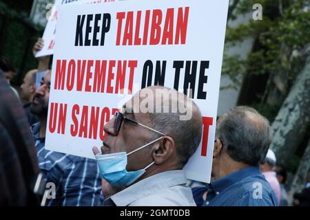 New York, USA. 20th Sep, 2021. Demonstrators denounce the new Taliban government in Afghanistan as illegitimate and implore the international community to treat it as such on September 20, 2021 in New York City, USA. According to the demonstrators, since the American withdrawal of it's forces, the Taliban has committed murder, prevented women from attending school, going to work and led a pathway to the imminent collapse of its social services. (Photo by John Lamparski/SIPA USA) Credit: Sipa USA/Alamy Live News Stock Photo