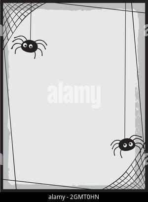 Funny cartoon spiders hanging on webs that are framing the open space in the center. Vertical layout with Room for text Stock Vector