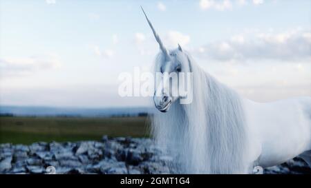 White unicorn standing in long grass with trees and beautiful sky, 3d  render Stock Photo - Alamy