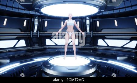 Female robotic droid in sci fi futuristic metall room. Future concept. 3d rendering. Stock Photo