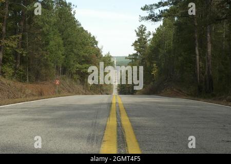 Deserted straight highway through fall trees Stock Photo