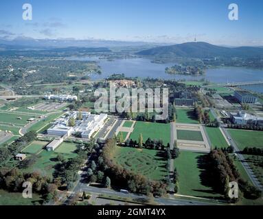 Aerial view of the city of Canberra showing the old Parliament house and Lake Burley Griffin. Stock Photo