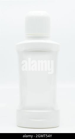 White plastic bottle, container for liquid product, blank space for design label, front view. Stock Photo