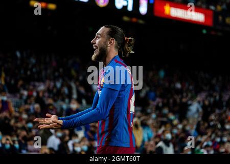 Barcelona, Spain. 20th Sep, 2021. Barcelona's Oscar Mingueza reacts during a Spanish first division league football match between FC Barcelona and Granada CF in Barcelona, Spain, on Sept. 20, 2021. Credit: Joan Gosa/Xinhua/Alamy Live News Stock Photo