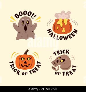 Set of Hand Drawn Halloween Labels with Spooky Elements. Stock Vector