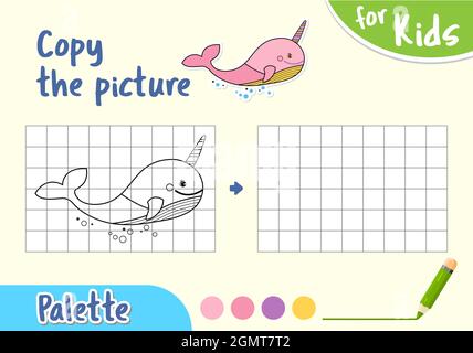 Draw an whale by cells, Game for small children. Copy the picture and color it. Stock Vector