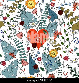 Red heart among flowers. Cute bright pattern for valentine's day, birthday card Stock Vector