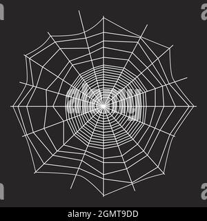 White threads of spider web on dark background. Black and white design. Spiderweb silhouette graphic. Cobweb outline on black wall. Halloween theme. N Stock Vector