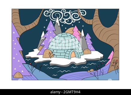 Igloo made from ice bricks. Fairy north illustration.  Stock Vector