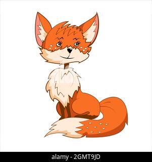 Little cheerful red fox sits. Isolated on white background. Vector illustration Stock Vector